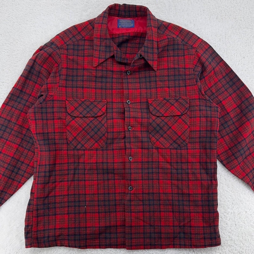 vtg 60s PENDLETON LOOP COLLAR RED‎ PLAID WOOL SHIRT SIZE - FITS LIKE LARGE